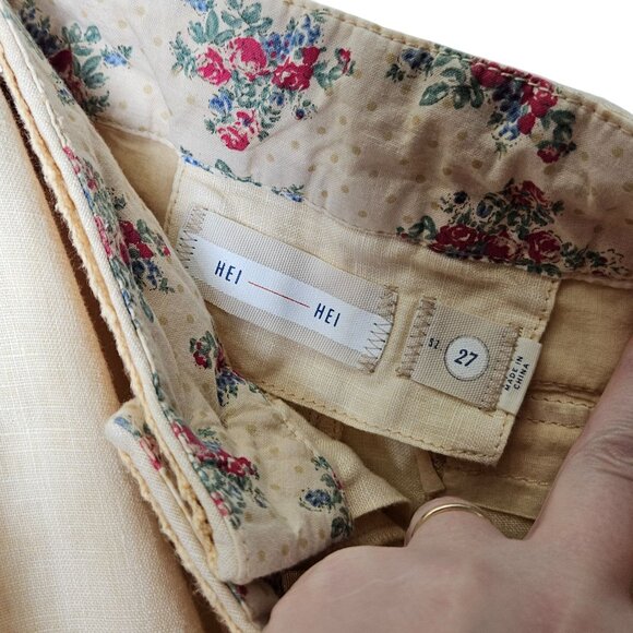 Anthropologie Hei Hei Linen-Blend Wide-Leg Pants Yellow Floral‎ Accents 27 Lace - Picture 3 of 10